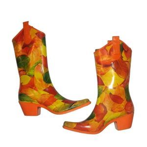 Cowboy Rain Boots Fall Leaves on an orange heel Cowboy Boots Rubber Rain Boots 6